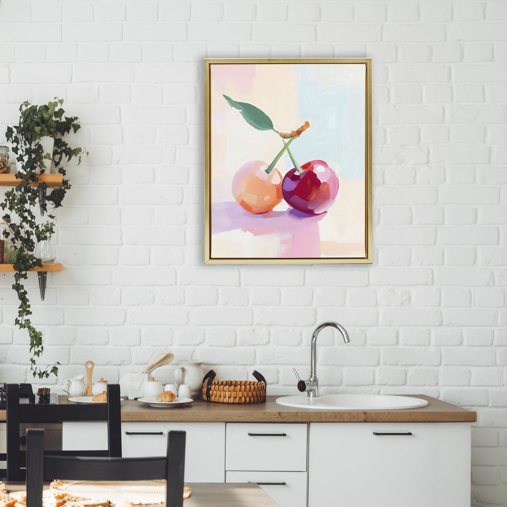 Stupell Industries Pastel Cherries Pair Gold Framed Floater Canvas Wall Art, design by The Prints Vibe
