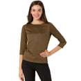 thumbnail image 1 of Blusa Allegra K Estampado De Pata De Gallo Manga 3/4 Cuello Del Barco Oficina Trabajo Para Mujer Marrón-Dorado M, 1 of 6