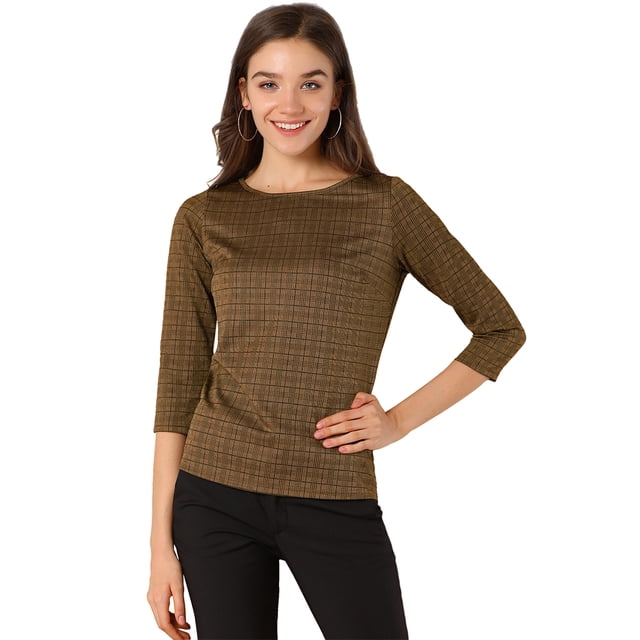 Blusa Allegra K Estampado De Pata De Gallo Manga 3/4 Cuello Del Barco Oficina Trabajo Para Mujer Marrón-Dorado M