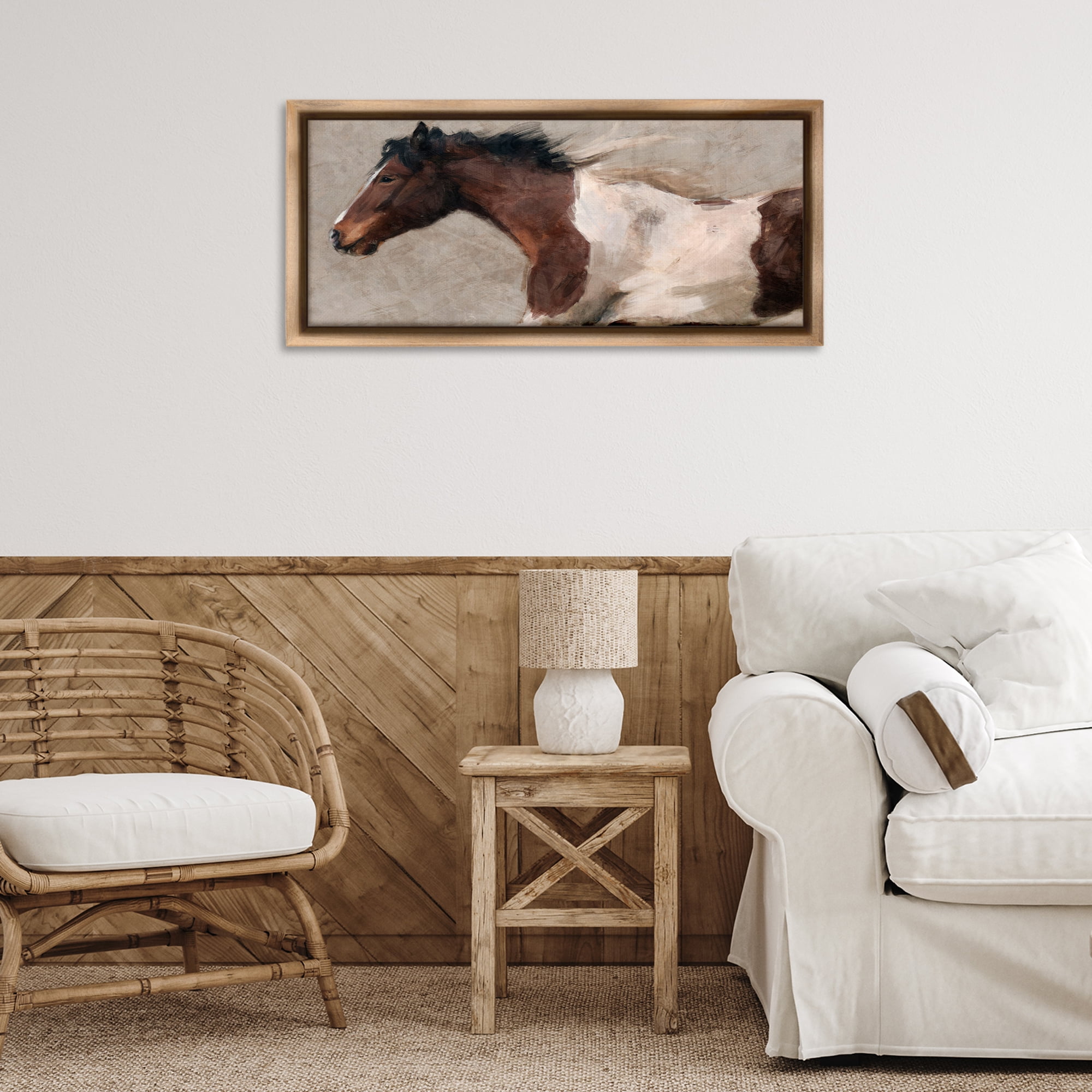 Stupell Industries Brown & White Horse Animals & Insects Painting Brown Floater Framed Canvas Art Print Wall Art, 31 x 14