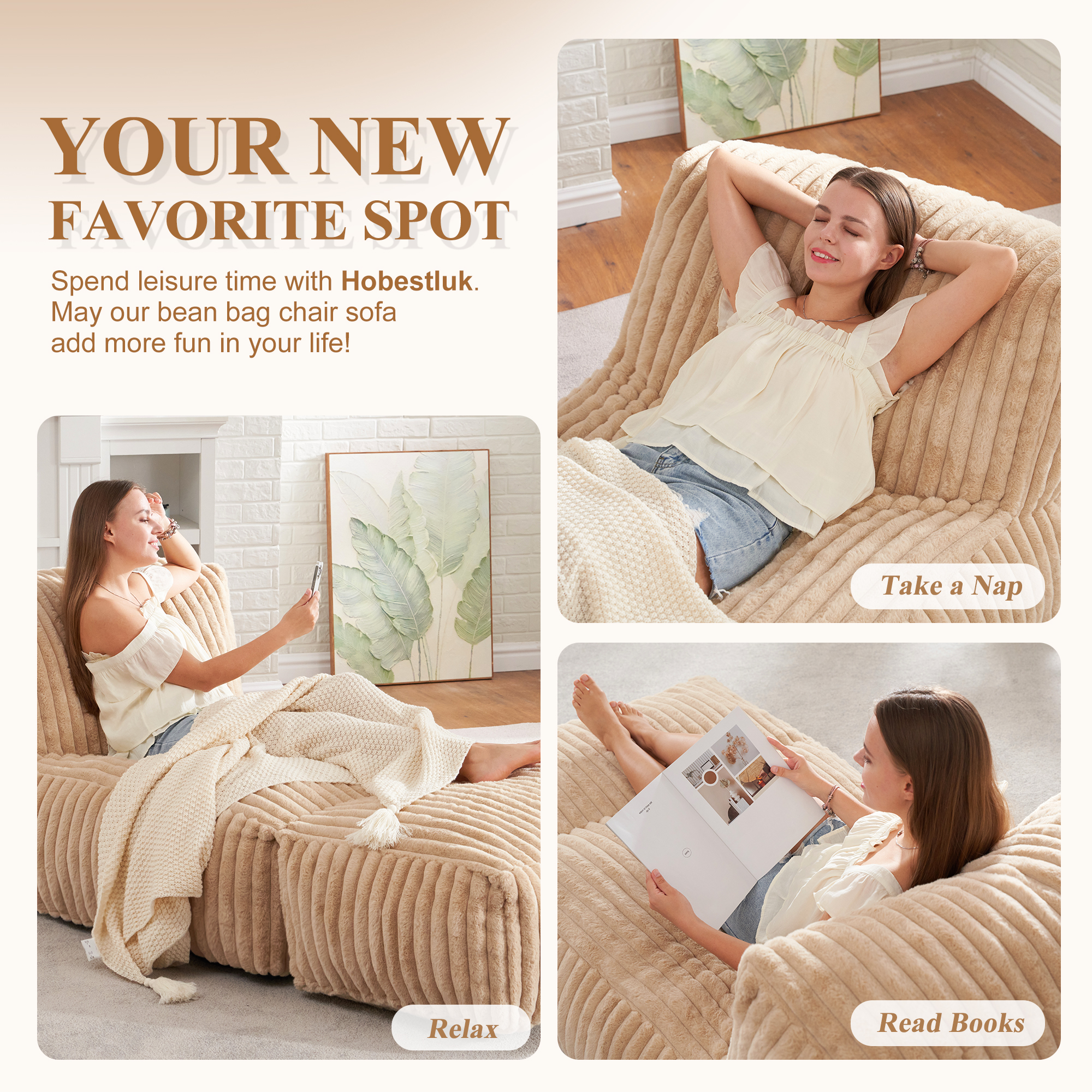 Hobestluk Big Bean Bag Lounger Chairs Large Beanbag Chair for Adults Bean Bag Sofa with Memory Foam Filled for Living Room, Bedroom or Balcony (Stripe Khaki)