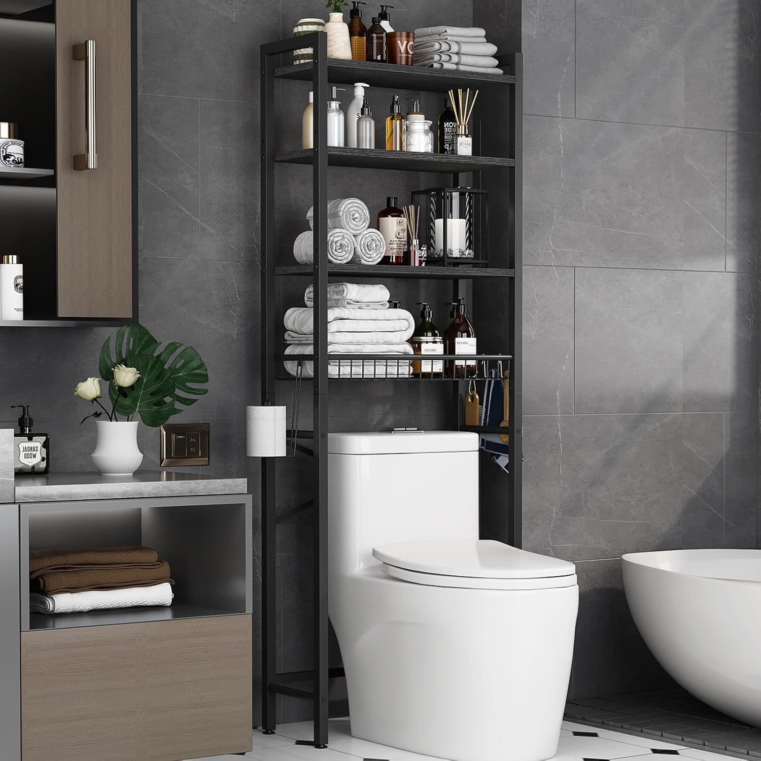 Tupukom Over the Toilet Storage Cabinet Bathroom Organizers Rack Freestanding Space Saver Shelf for Restroom Laundry Bathroom Decor Accessories,3-layer
