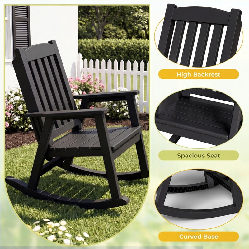 Vineego Oversized Outdoor Rocking Chair Set of 2, Heavy Duty Patio Rocker, All-Weather Resistant Front Porch Lawn Chairs for Outside, Black