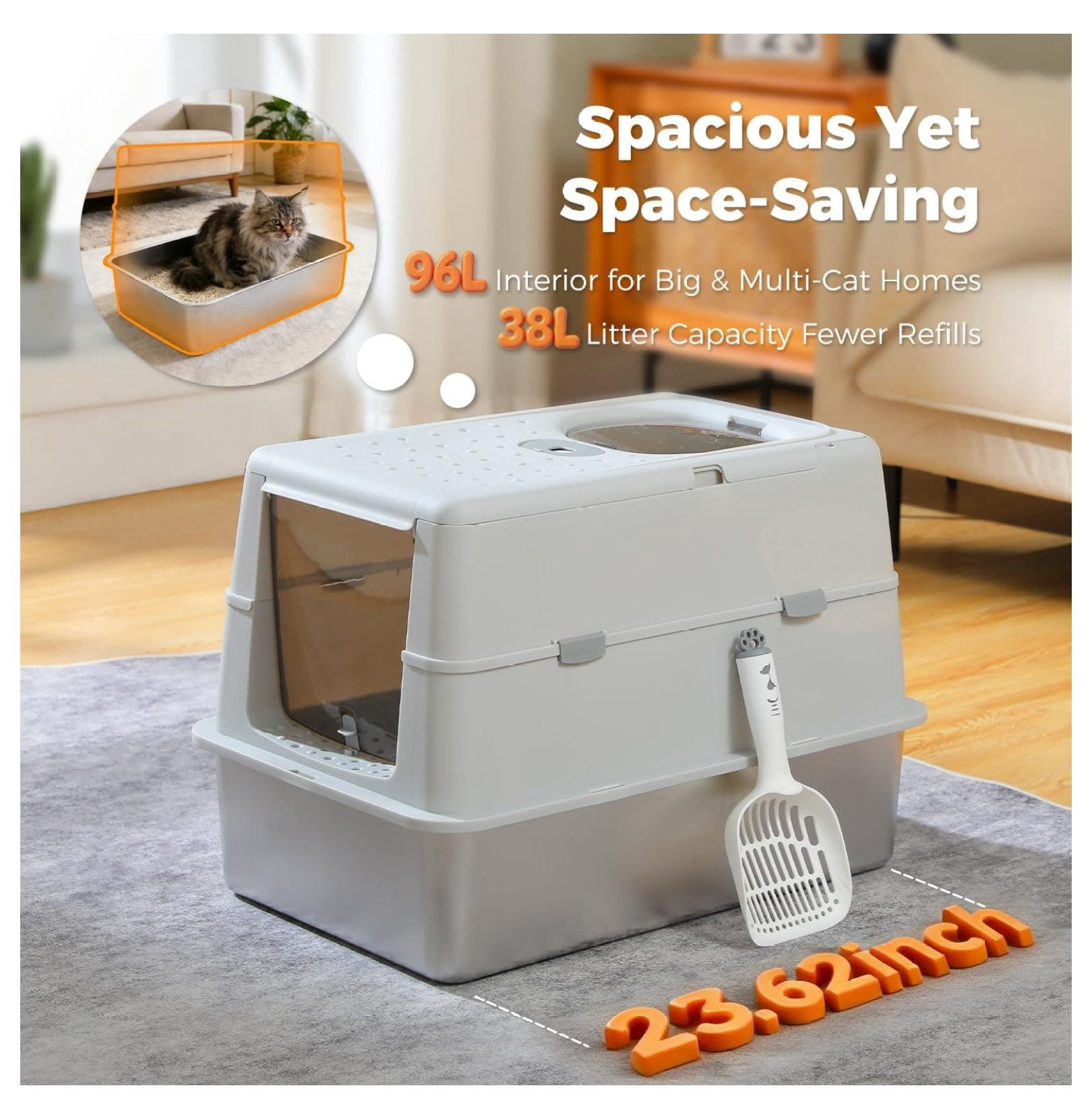 Extra Large Stainless Steel Litter Box with Lid & Odor Control, 3-in-1 Cat Litter Box with High-Sided for Big Cats & Multi-Cats, Non-Stick Metal Pan, Front Entry Top Exit, Includes , Grey