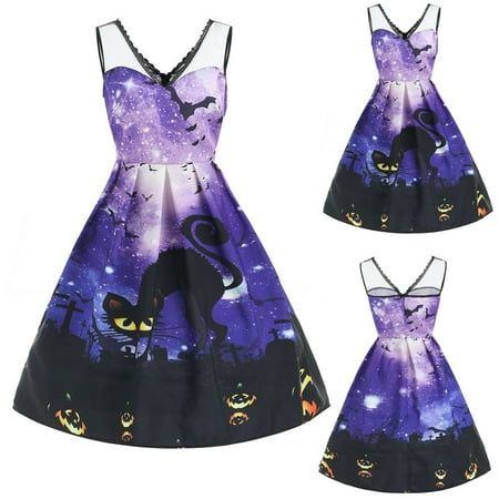Women Sleeveless Galaxy Print Cat Evening Prom Costume Swing