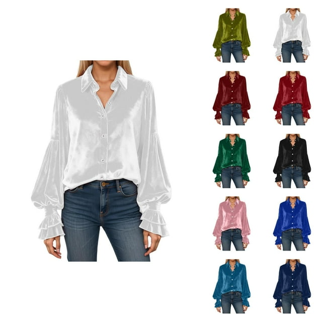 Velvet Tops for Women 2026 Spring Fashion Long Sleeve Button Down Lapel Collared Ruffle Casual Shirt Blouse Top