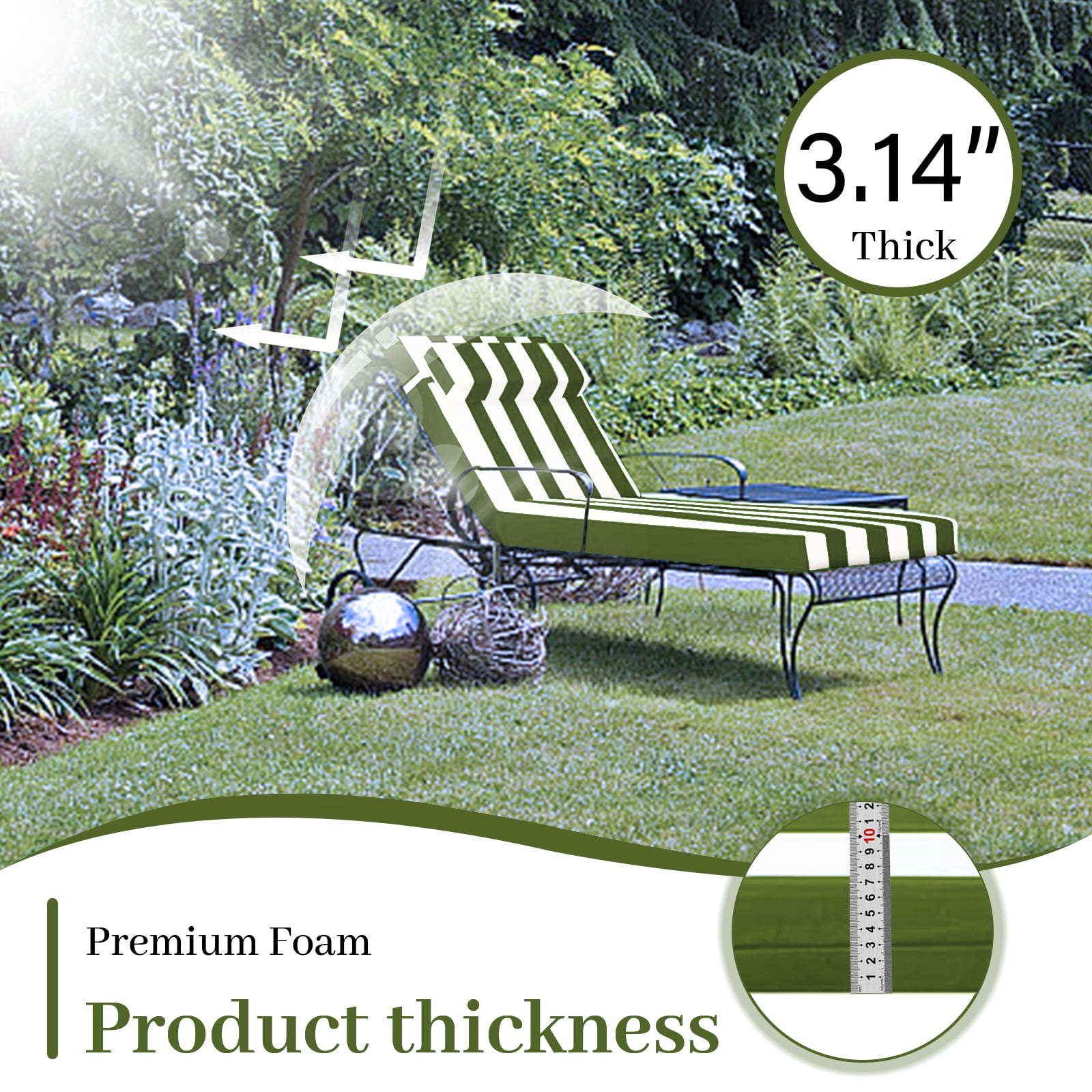 Outdoor Chaise Lounge Cushion, High-Density Foam Fill Patio Furniture Bench Cushions with Ties, Thicken Waterproof Replacement Back Chaise Cushions for Pool, Sand Beach (Grass Green White Stripes)
