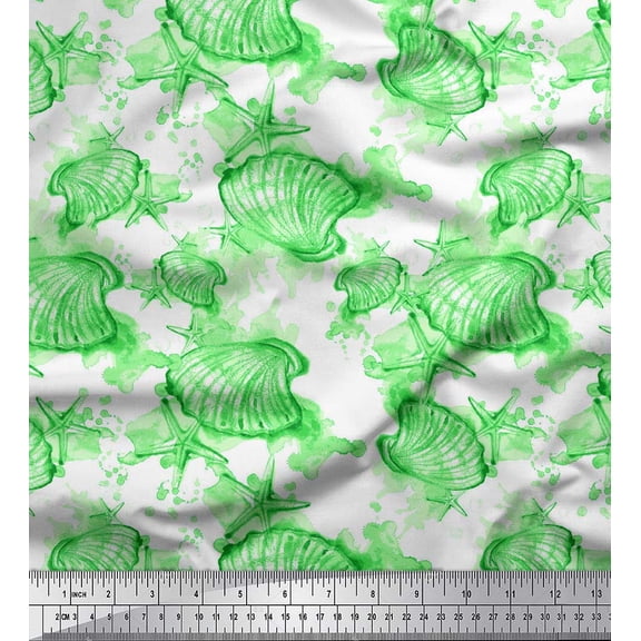 Soimoi Green Cotton Duck Fabric Shell & Starfish Ocean Print Fabric by the Yard 42 Inch Wide