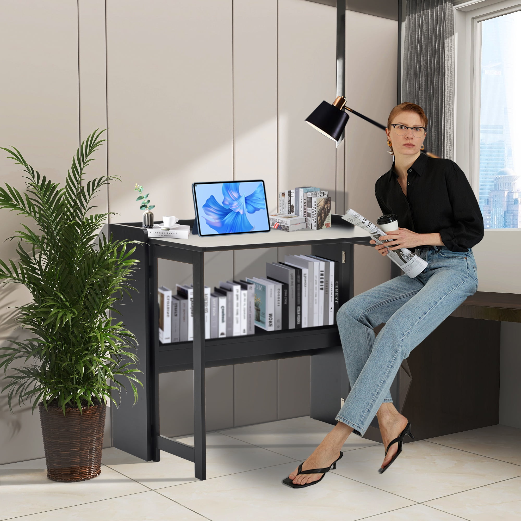 32.6“ Foldable Computer Desk for Small Spaces,Folding Table with Storage Shelf,Small Writing Desk for Bedroom Home Office Dorm and Apartment,Black