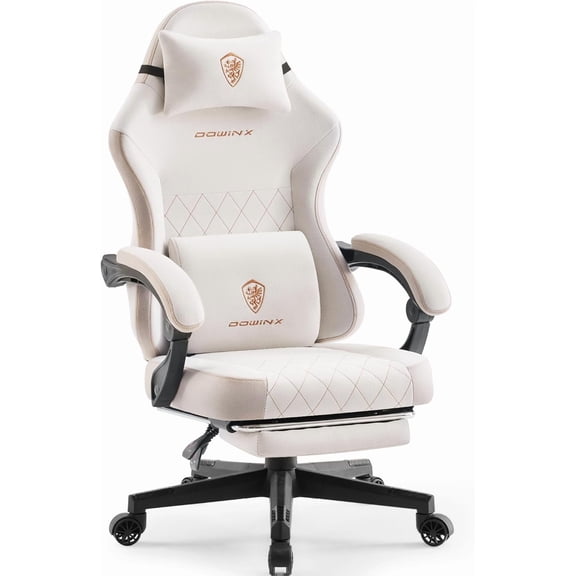 Dowinx Gaming Chair, Fabric Gaming Chairs for Adults with Pocket Spring Cushions and Lumbar Support, Ergonomic Massage Computer Chair with Footrest for Big and Tall, Brown