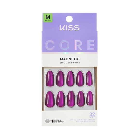 Kiss Core Magnetic Press On Nails Almond, ‘Glaring Sparks’, Purple, Medium, 32 Count