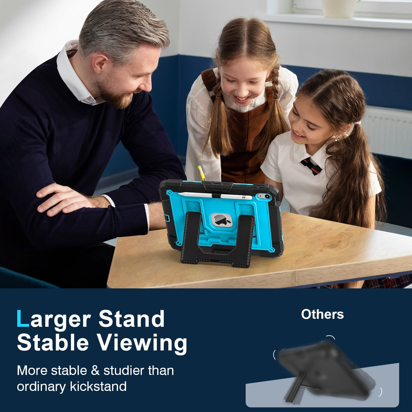 Allytechgroup Rugged Case for Apple iPad Mini 7th Gen / iPad Mini 6th Gen 8.3 Inch, Heavy Duty Protective Tablet Case with Kickstand, Pencil Holder & Detachable Shoulder Strap, Black+Blue