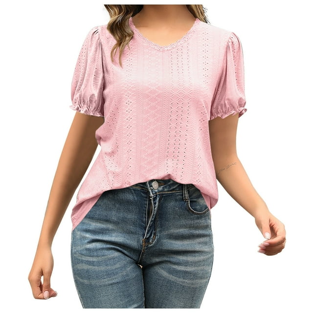 Jgppe T-Shirts Amples pour Femmes Broderie Respirante Manches Courtes Bouffantes Col Rond T-Shirt Travail Décontracté
