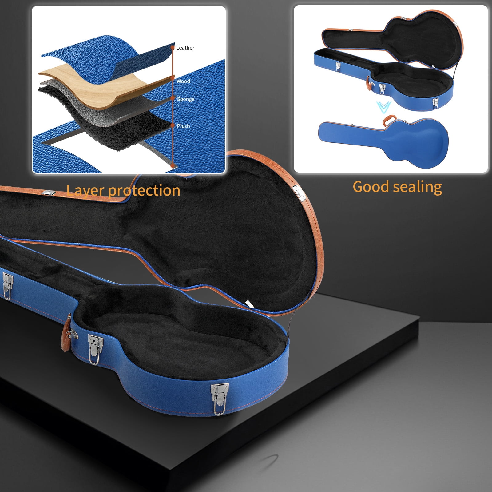 Ktaxon Electric Guitar Hard Case for 335 Style Guitar, Fine-Grain PU Leather Surface, Blue