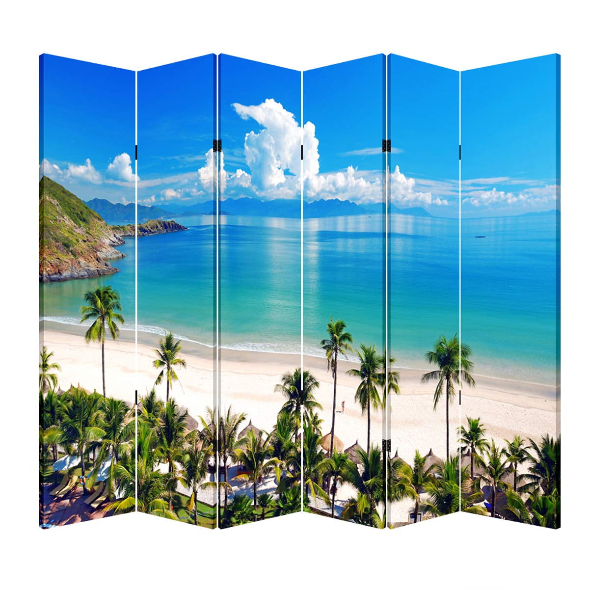 4 Panels Privacy Screen Room Divider Partition with Beach Hut Canvas, Water Resistant for Living Room, Bathroom, Home Office or College Dorm, Wood Frame
