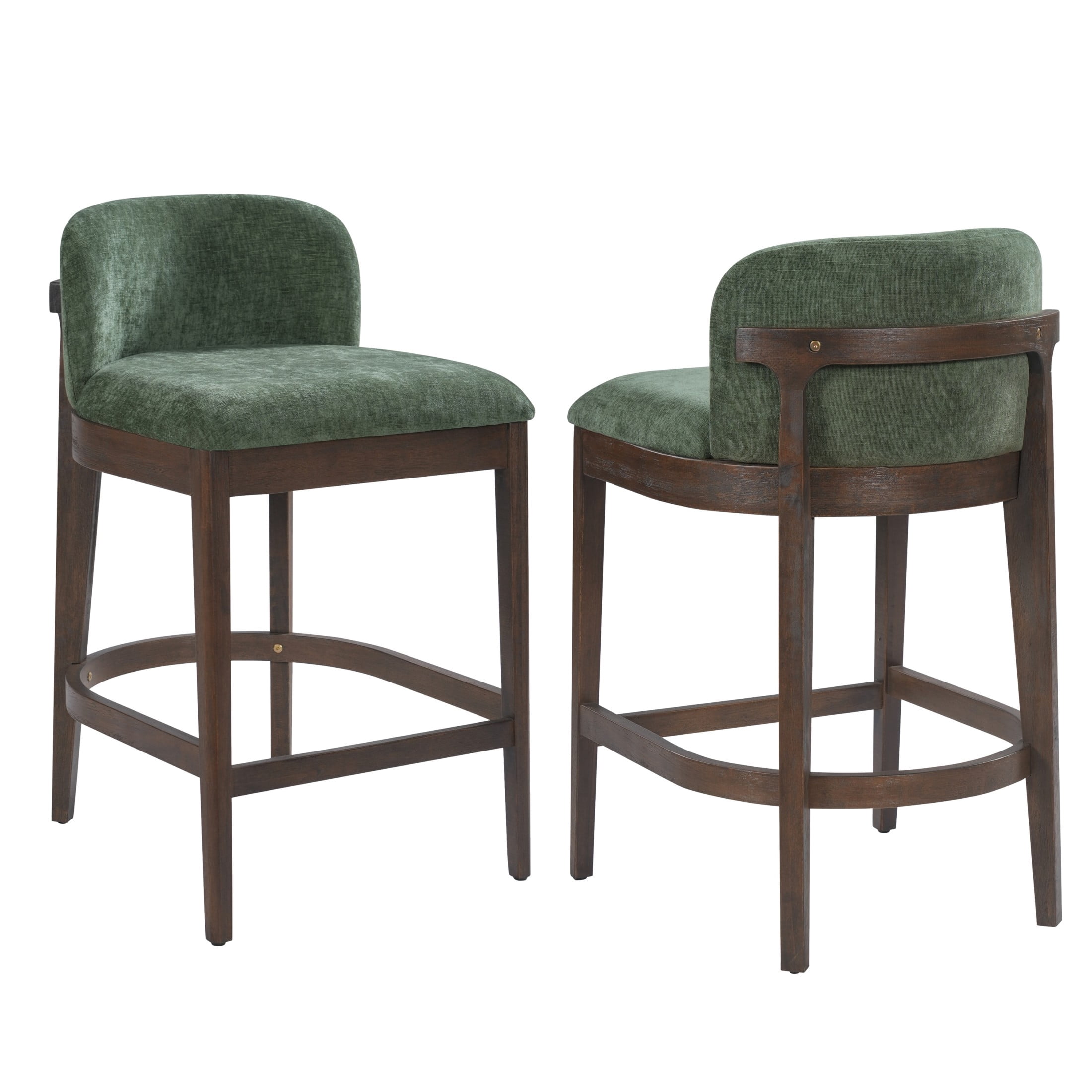 Christopher Knight Home 33"H Wooden Green Upholstered Counter Stools with Curved Seat, Walnut Finish, Set of 2