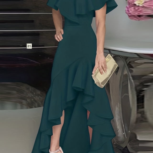 Vestido Con Dobladillo Con Volantes Y Hombros Descubiertos, Elegante Vestido Con Dobladillo Asimétrico Hasta El Suelo Para Fiesta, Ropa De Mujer