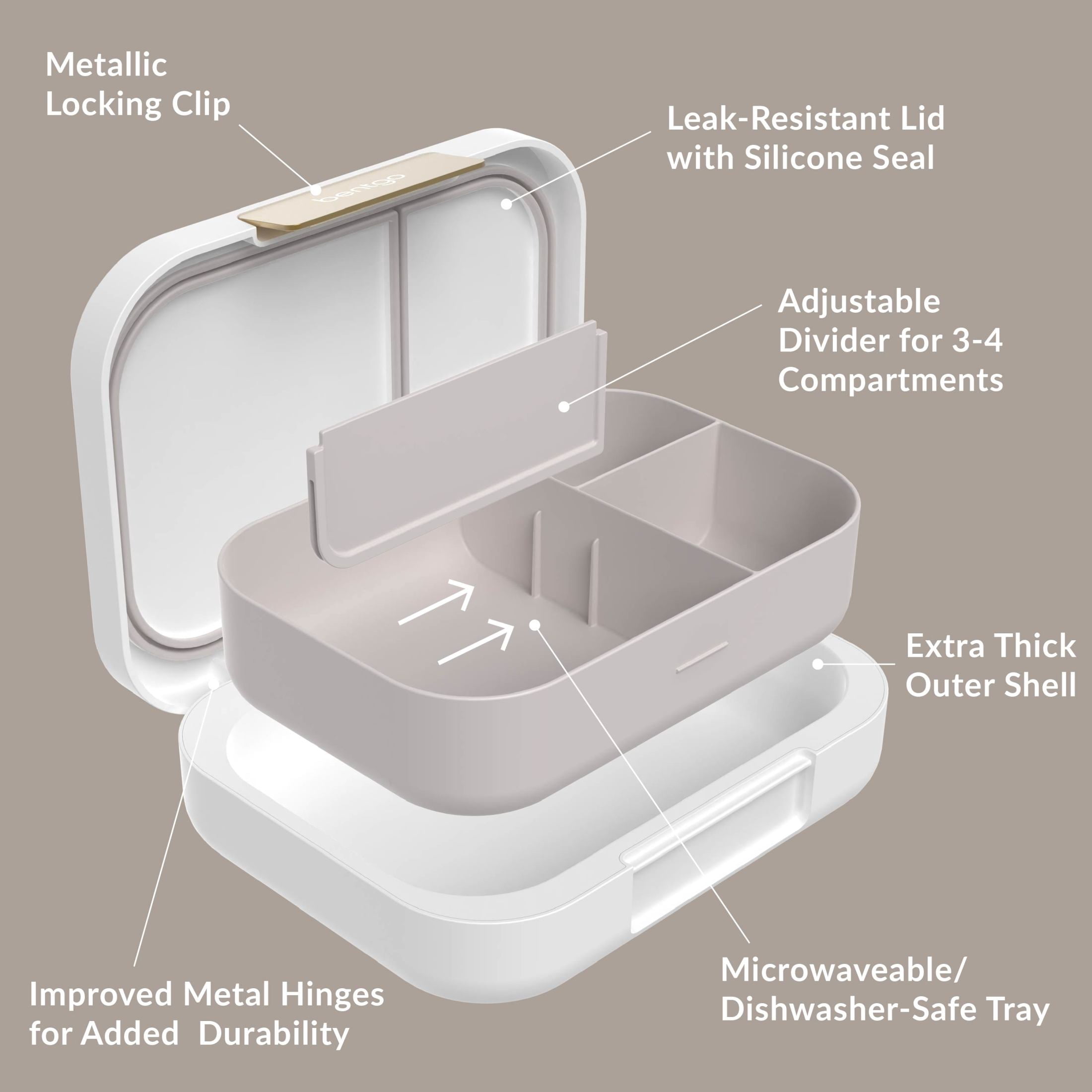 Bentgo Modern - Adult & Teen Bento Lunch Box; 3-4 Compartments, Leak-Resistant, 5.5 Cup Capacity/44 fl oz, Improved Locking Clips, Reusable, BPA-Free, Dishwasher/Microwave Safe Tray (White)