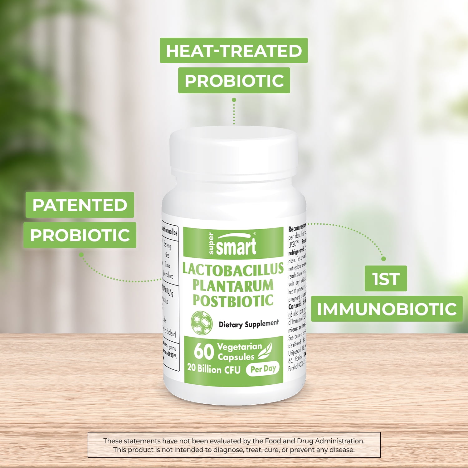 SuperSmart Lactobacillus Plantarum PostBiotic 20 Billion CFU per Day (Immuno-LP20) - Heat-Treated Probiotic Supplement | Non-GMO & Gluten Free - 60 Vegetarian Capsules