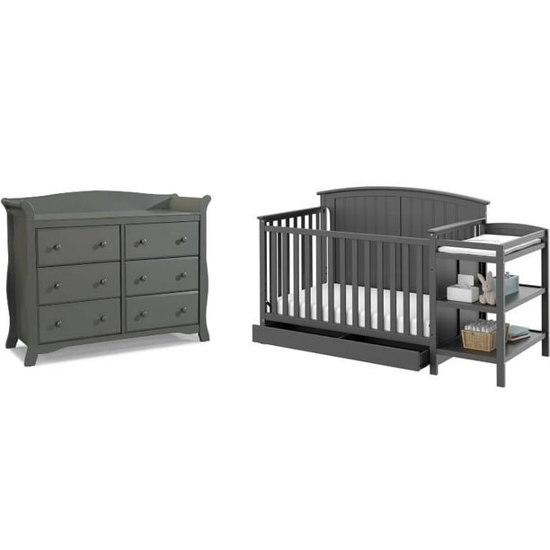 6 Drawer Double Dresser With Baby Crib, Baby Changer And Dresser
