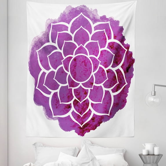 Purple Mandala Tapestry, Watercolor Lotus Flower Yoga Boho Style Painbrush Art, Fabric Wall Hanging Decor for Bedroom Living Room Dorm, 5 Sizes, Fuchsia White, by Ambesonne