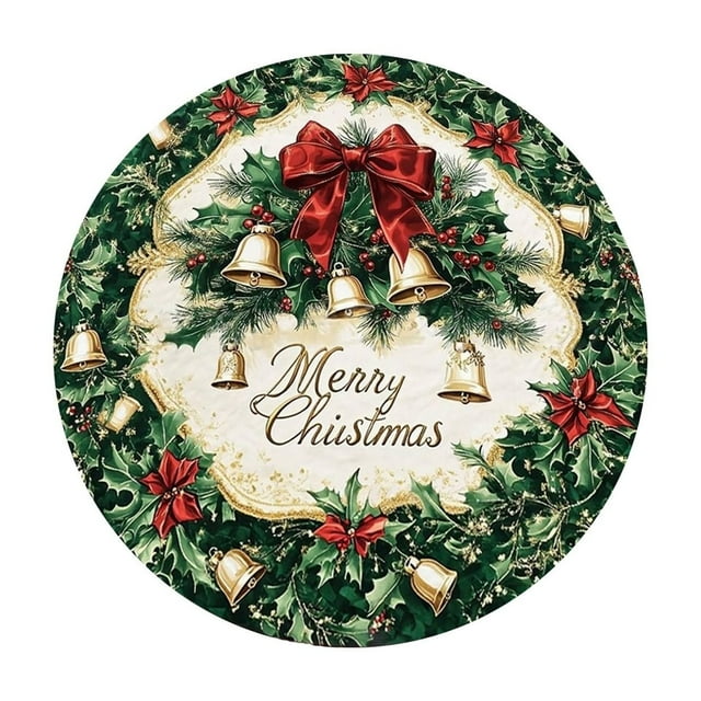 Christmas Decoration Circular Floor Mat Snowflake And Christmas Tree Pattern 23.6 in Diameter Crystal Fleece With Non Slip Dots Plastic Backing