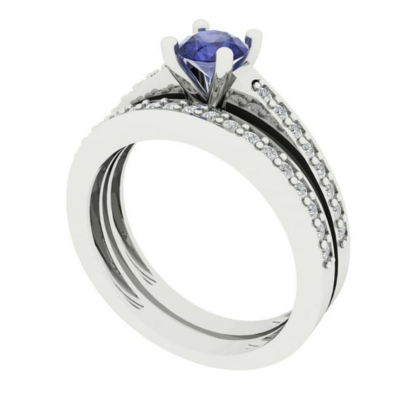 Clara Pucci 14K White Gold Round Cut 0.5Ct Simulated Tanzanite Engagement Ring   Matching Band - Luxury Box Included