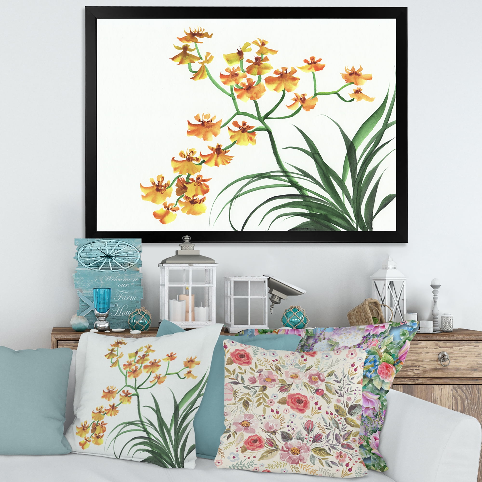 Designart 'Yellow Vintage Orchids On White' Traditional Framed Art Print