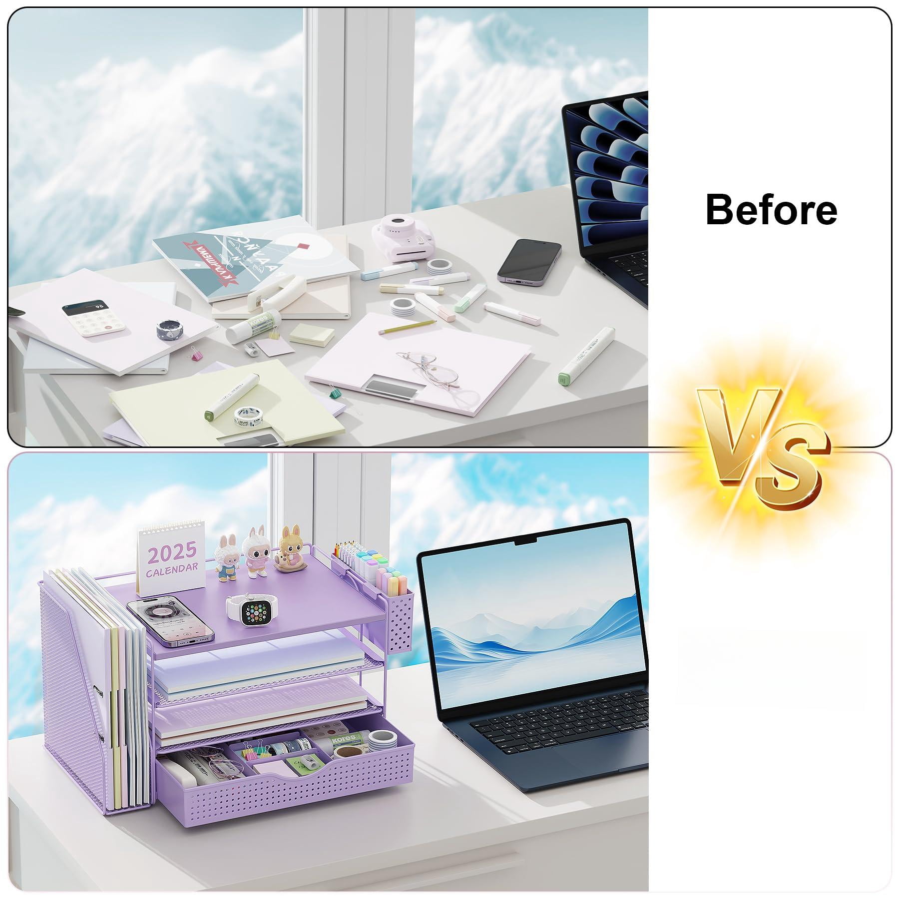 Wood Desk Organizers And Accessories With File Holder  4-tier & Workspace Drawer Pen Paper Organizer For Office Supplies (purple)