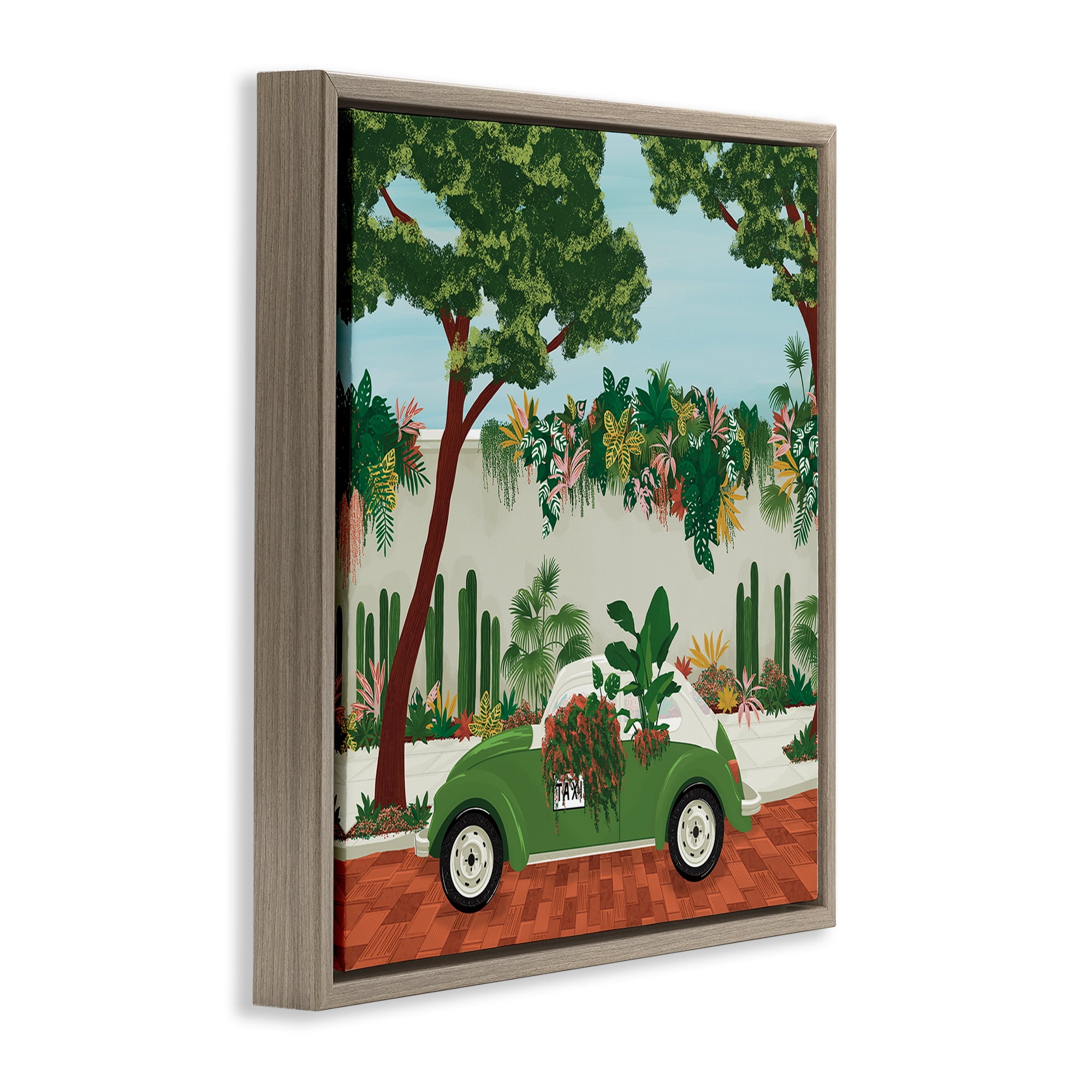 Stupell Industries Overgrown Garden Taxi Brown Framed Floater Canvas Wall Art, design by Vero Illustrates