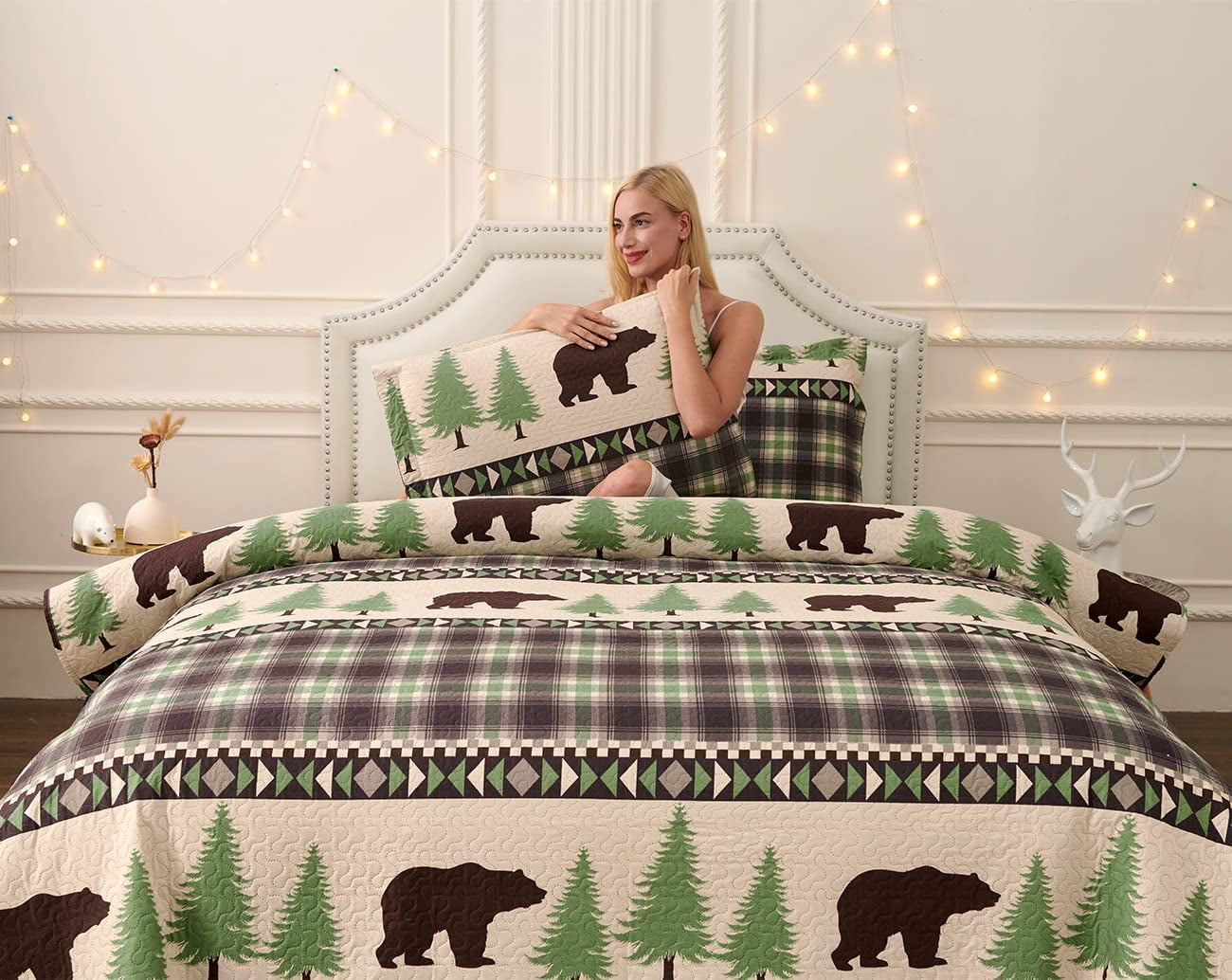 Jessy Home Rustic Quilts Queen/Full Green Plaid Bear Bedspread Microfiber Coverlet Set
