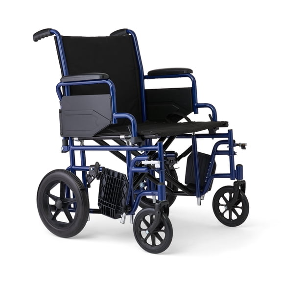 Medline Bariatric Transport Chair for Seniors, 450 lbs Capacity, Extra-Wide 22" Seat, Swing-Away Desk Length Arms and Swing-Away Footrests, Blue