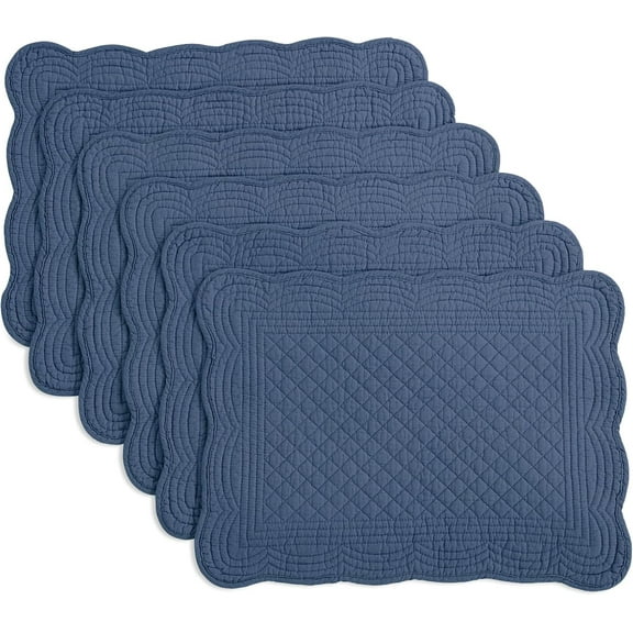 Sapphire Blue Quilted Placemats Set of 6, Washable 13 x 18 Inch Rectangular Cotton Fabric Table Mats for Kitchen Dining Table Decor