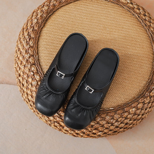 Zapatos mulas mulas cerradas foe plisado Mary Jane Flats se desliza en toboganes (39) Negro