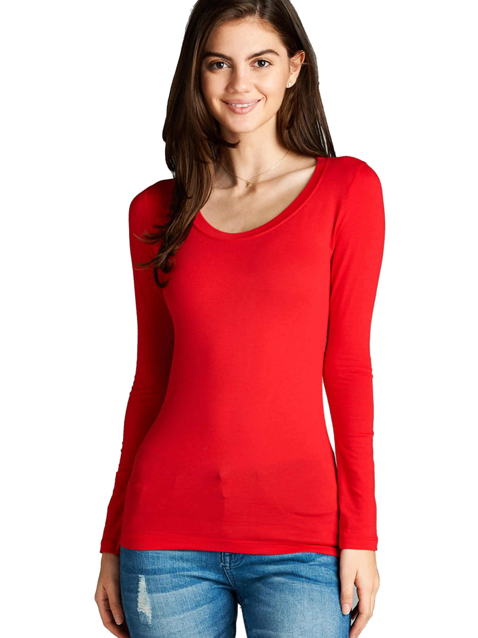 Women's Long Sleeve Scoop Neck Fitted Cotton Top Basic T Shirts-Plus