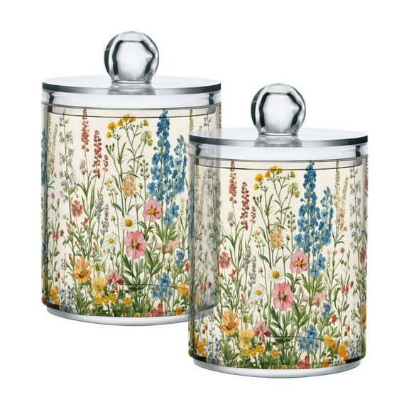Yayeee 2 Pack Qtip Holder Bathroom Cotton Swab Canister with Lid Clear Dispenser Set, Colorful Wildflowers