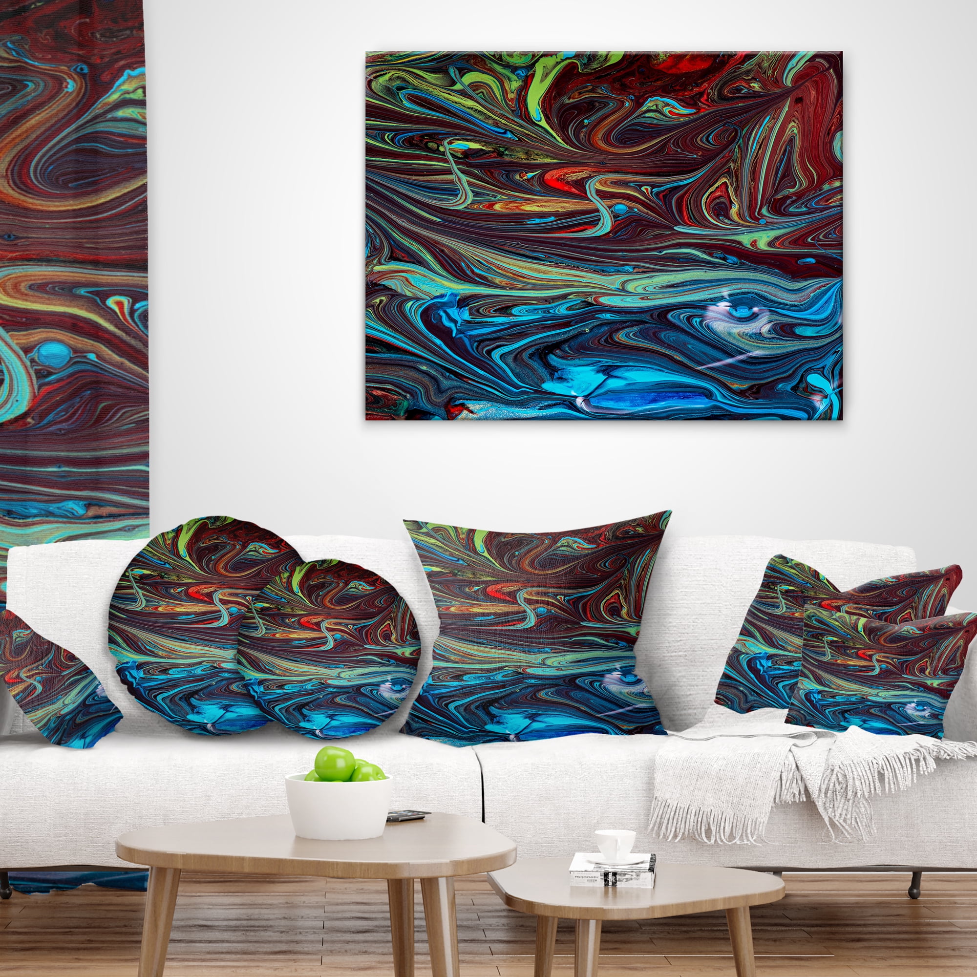 Designart Red Blue Abstract Acrylic Paint Mix - Abstract Throw Pillow - 18x18