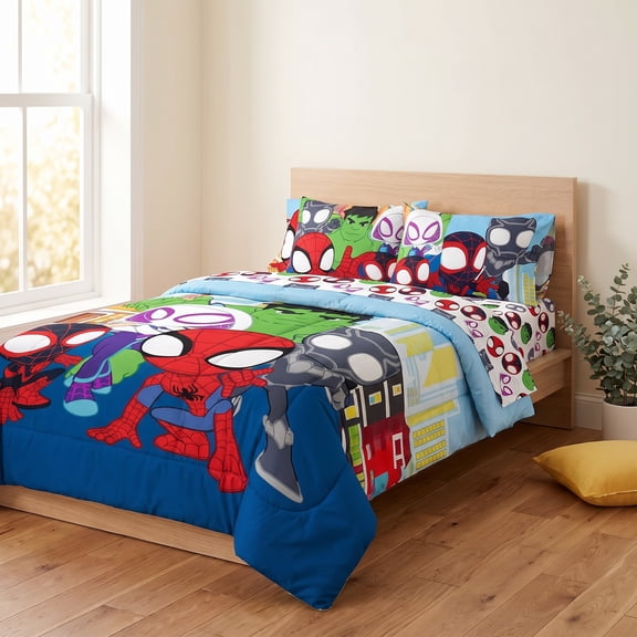 7‑Piece Full Kids Bedding Set, Superhero Print Microfiber Comforter & Sheet Set for Children Bedroom