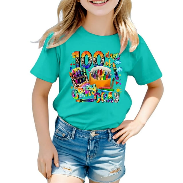 LUOGENLI T-Shirt pour Filles, 100 Jours, Imprimé Scolaire, Mode, Manches Courtes, Col Rond, Ample, Décontracté, Long, Vert Menthe, 6-7 Ans