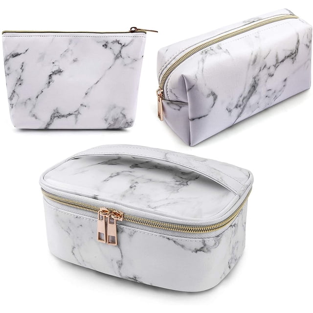 Bolsa de cosméticos de 3 piezas, bolsa de cosméticos de viaje portátil, bolsa de almacenamiento impermeable, bolsa de cosméticos de mármol con cremallera dorada multifuncional para mujer