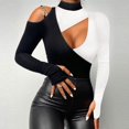 thumbnail image 2 of Ladies Long Sleeve Slim Tops Black and White Patchwork Cutout Hollow Turtleneck Tshirts Pullover Blouses Black1,M, 2 of 5