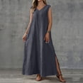 thumbnail image 2 of Maxi Dresses for Women Plus Size with Pockets Solid Color Sleeveless V-Neck Side Slit Backless Comfortable Casual Loose Beach Vacation Outdoor Shift Dresses, 2 of 10