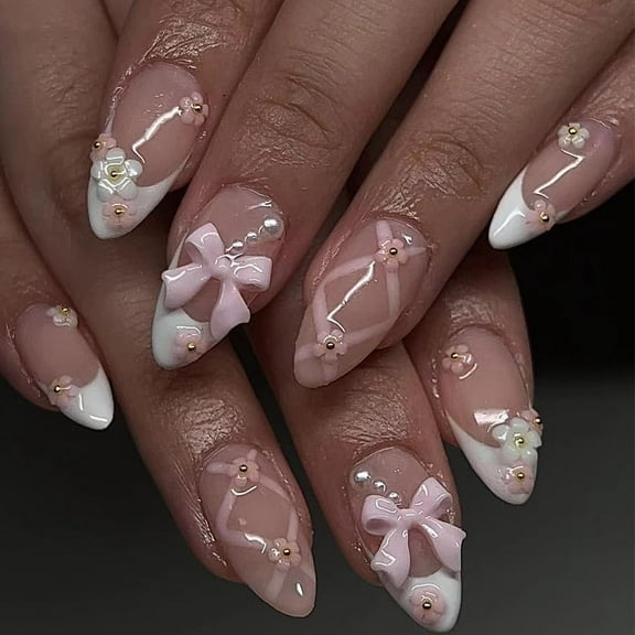 3D Handmade Press on Nails Brown Almond Fake Nails with Stereoscopic Flower Cross Designs Medium Length French Glue on Nails Glossy False Nails Reusable Stick on Nails for Women Girls Manicure 24Pcs