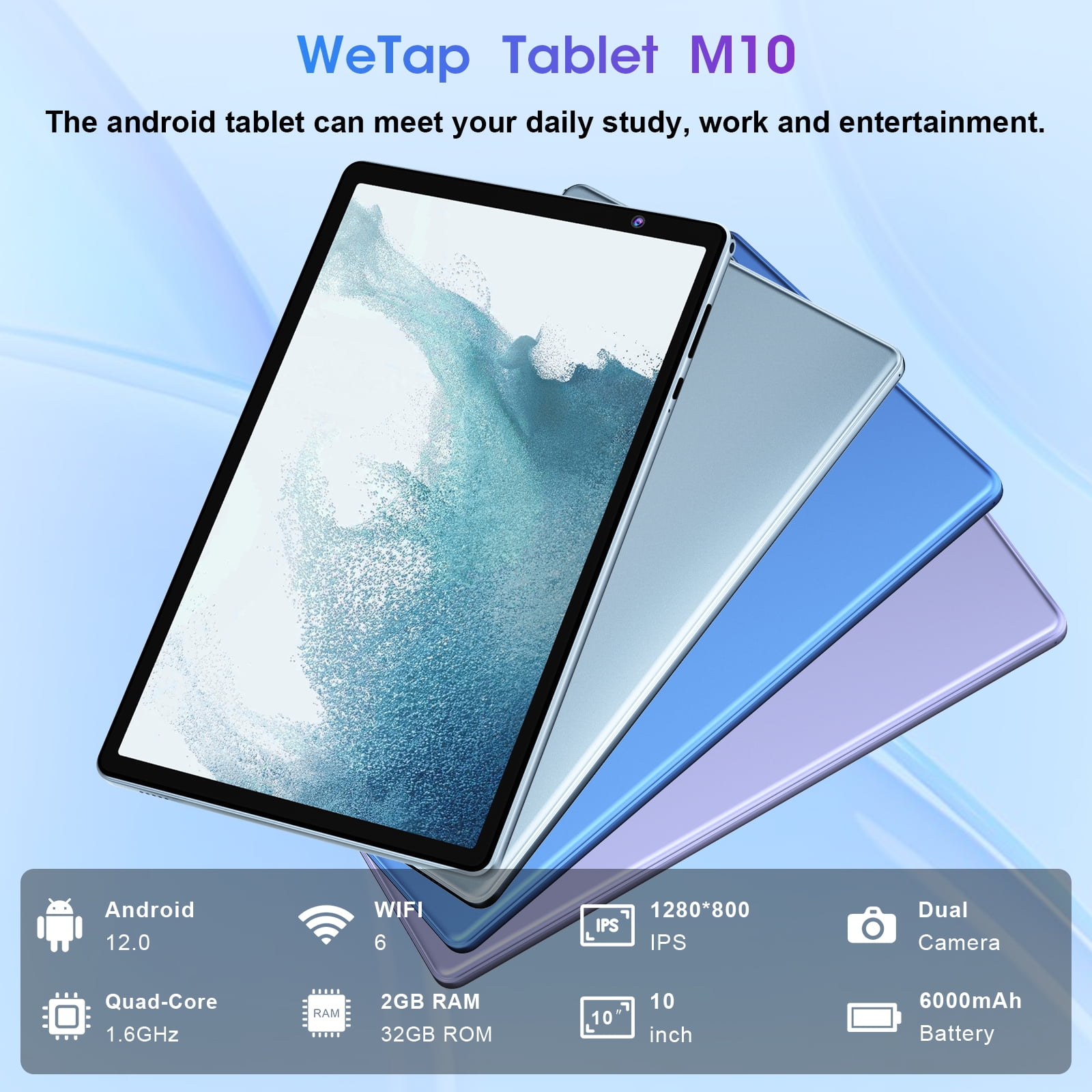 Wetap Tablet 10 pouces Android 12, processeur quad-core 3gb ram