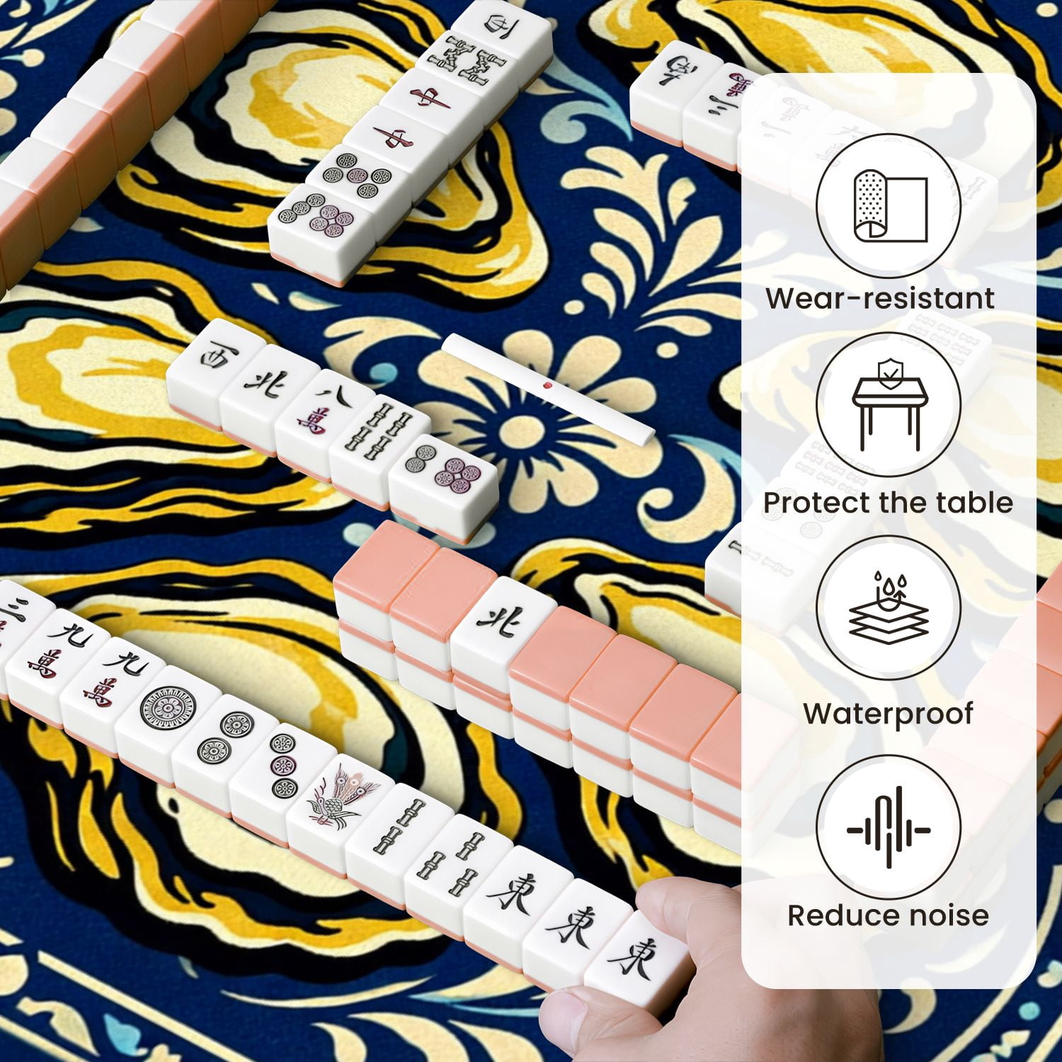 Mahjong Mat 31.5" x 31.5" Oysters Ornate Blue Floral Mediterranean Non-Slip Noise Reduction Mahjong Tiles Table Cover for Dominoes Poker Card Board and Tile Games