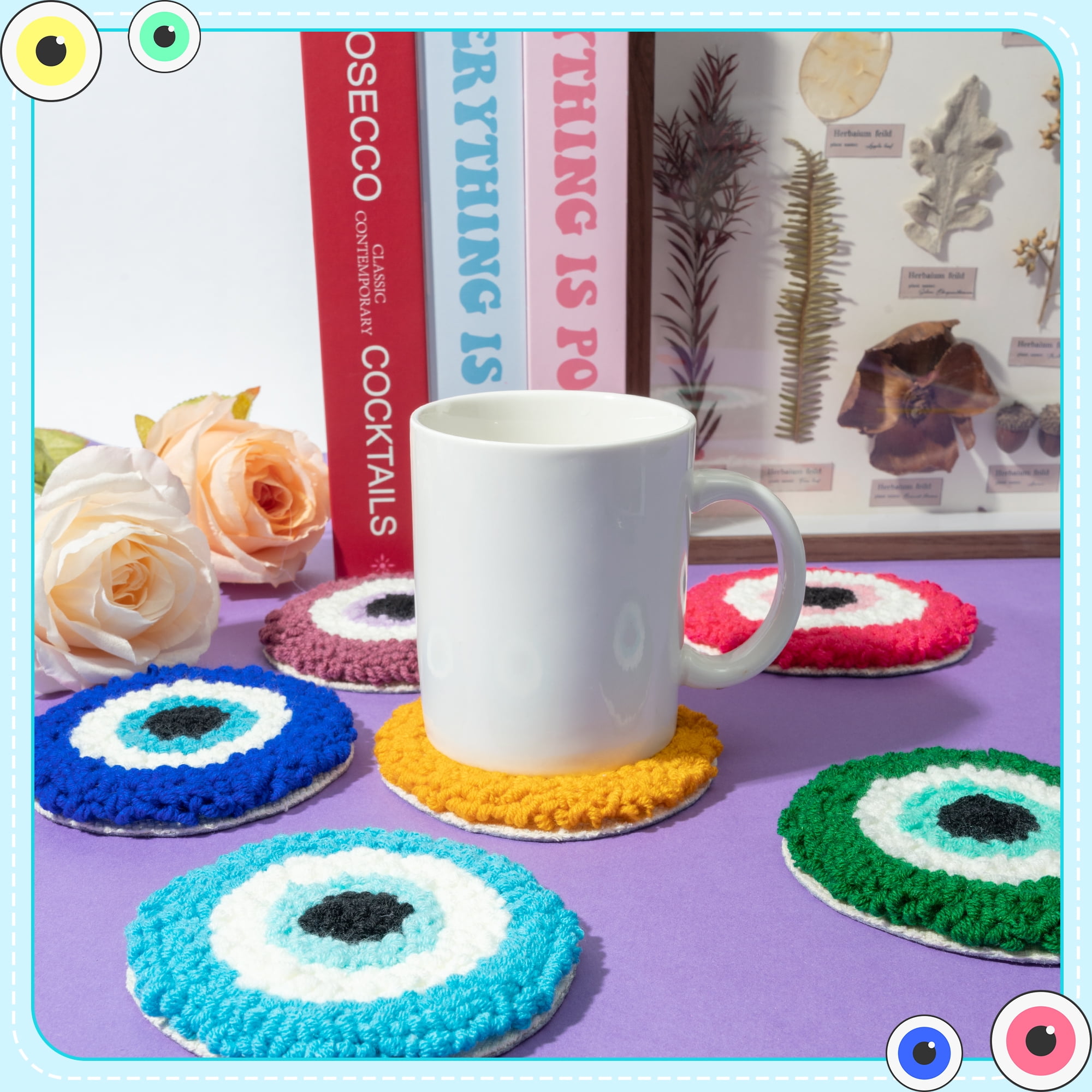 Belanttega Devil Eye Punch Needle Coaster Kit - 22Pcs Art Work Decor Craft Supplies Kits for Beginners, DIY Set of 6 Pattern Tufted Rug Pads with Adhesive Felt Yarns Embroidery Hoop Instruction Gifts