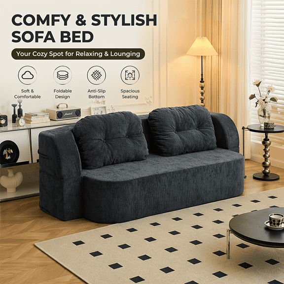 Convertible Folding Sofa Bed With Upgraded Pillows, Modern Comfort Corduroy Sofa, Recliner With Rectangular Cushions, Foldable Memory Foam Floor Sofa, Ideal For Living Room & Bedroom