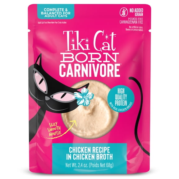 Tiki Cat Born Carnivore Wet Cat Food, Mousse, Chicken Recipe in Broth, 2.4 oz. Pouch