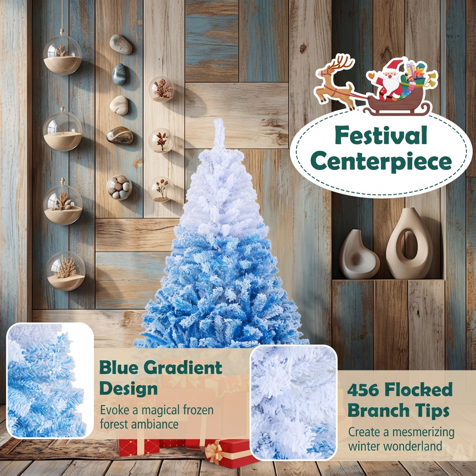 RUIE 5 FT Artificial Christmas Tree with 180 Warm White LED Lights and 8 Modes, Snow Flocked Hinged Prelit Xmas Tree with Foldable Metal Stand, White & Blue