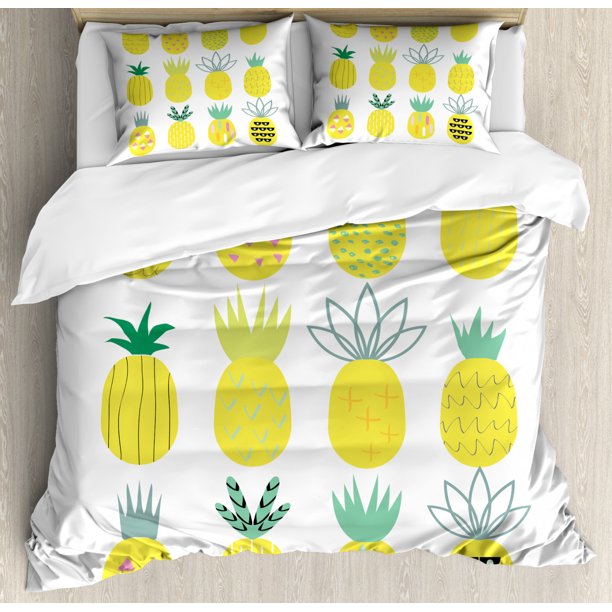 Pineapple Queen Size Duvet Cover Set, Collection of Pineapples with